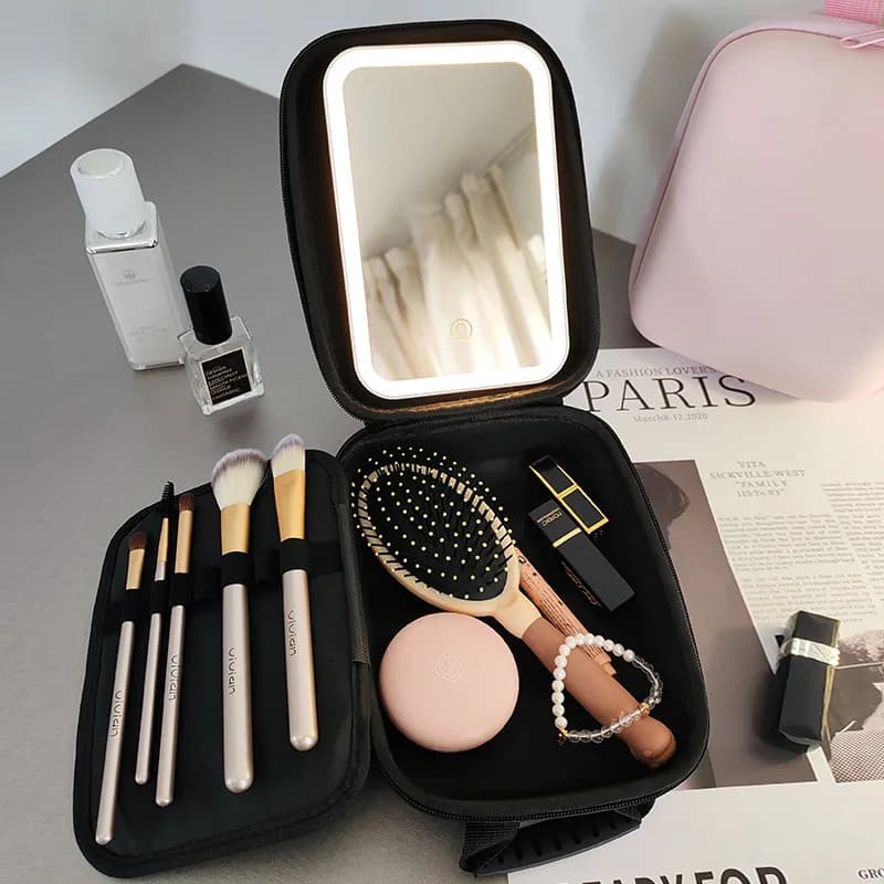 Portable Travel Cosmetic Bag with LED Mirror - Waterproof Makeup Organizer
